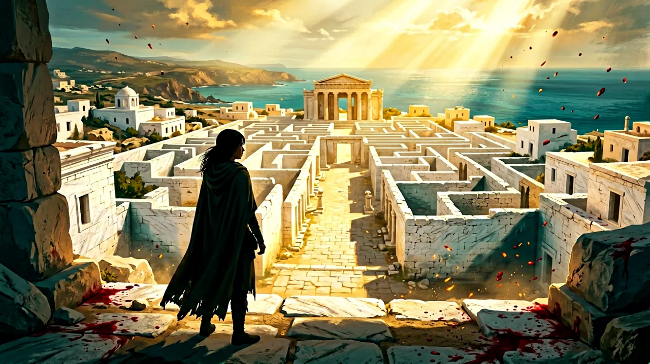 A scenic panoramic view of an Aegean coastal town leading into a massive ancient labyrinth, with an adventurer's silhouette.