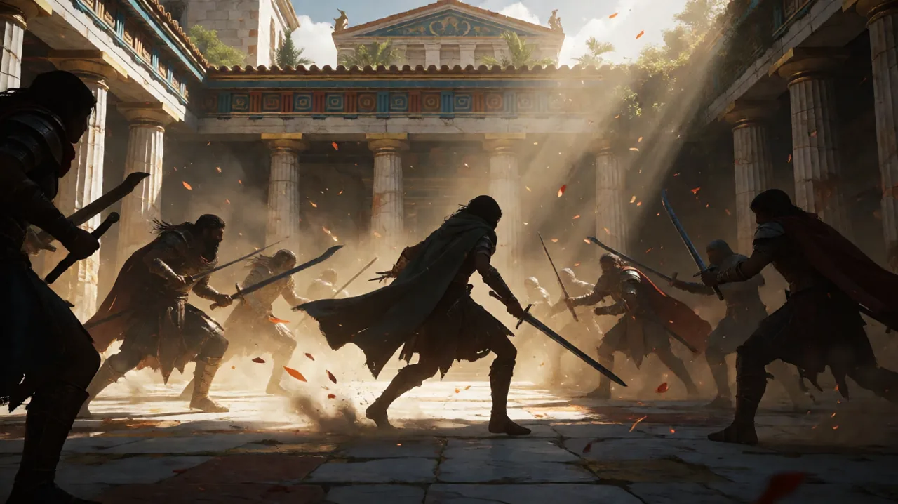 Dynamic silhouette of a multi-enemy melee standoff in an ancient marble courtyard.