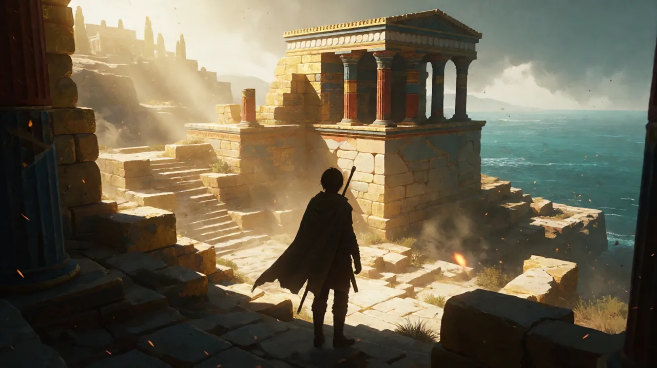 A silhouette of a young cloaked infiltrator standing before the golden ruins of Knossos and the Aegean sea, with a tense atmosphere representing her gripping 9-hour journey.
