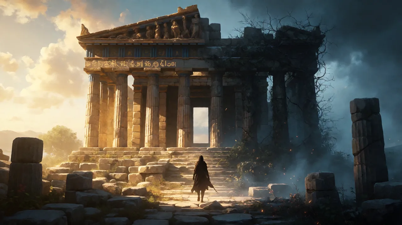 Original concept art showcasing a dual-timeline split of a mysterious ancient ruin in two distinct eras.