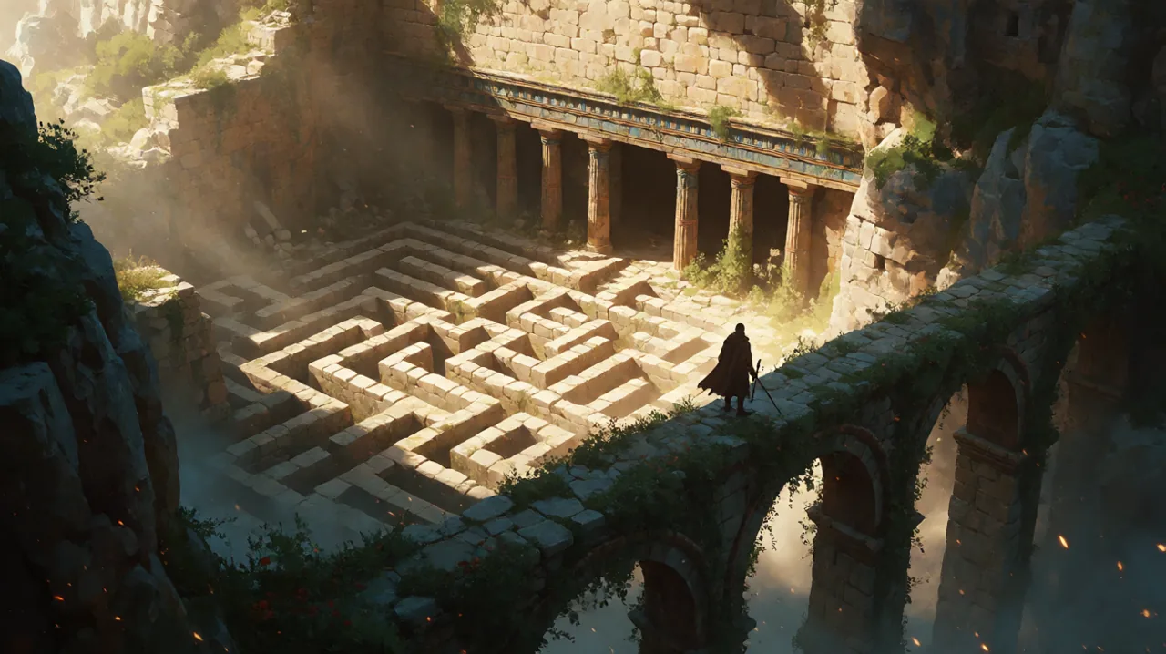 Original concept art showing a cloaked adventurer looking down into a vast ancient labyrinth built into Aegean coastal cliffs.