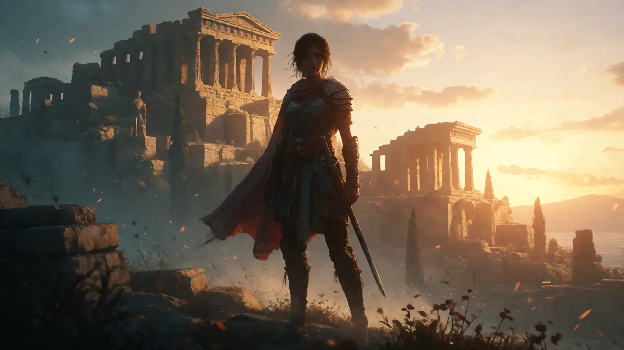 A resolute half-body silhouette of a young female adventurer archetype standing confidently against the backdrop of majestic Minoan ruins at sunset.