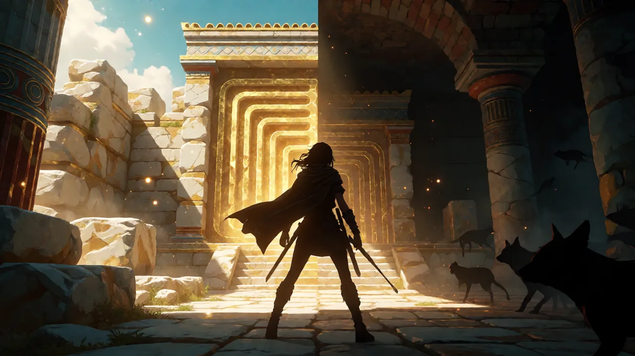 A cloaked young infiltrator standing before ancient, glowing Minoan ruins under the Aegean sun, with a stark visual split showing a highly detailed, technologically advanced rendering of the environment.