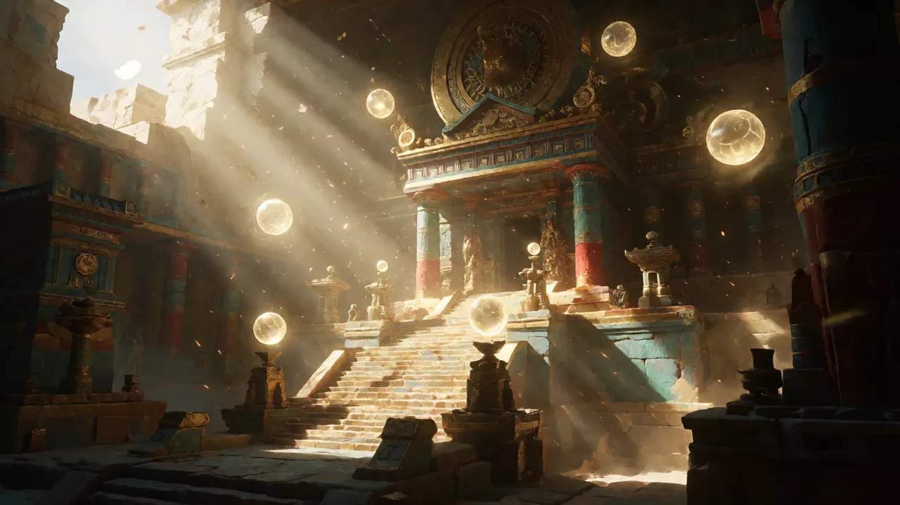 Original concept art of a golden secret chamber bathed in divine light, featuring hovering luminous Minoan spheres and ancient mechanisms.