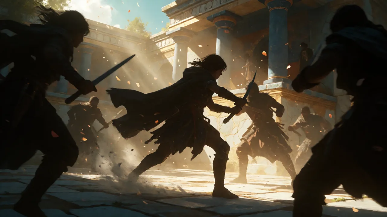 A dynamic silhouette of a young female infiltrator engaging in close-quarters parry combat against multiple foes in a marble Minoan courtyard.