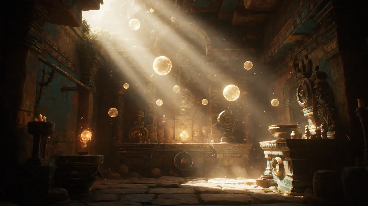 A golden secret chamber bathed in divine light with floating luminous spheres and ancient mechanisms.