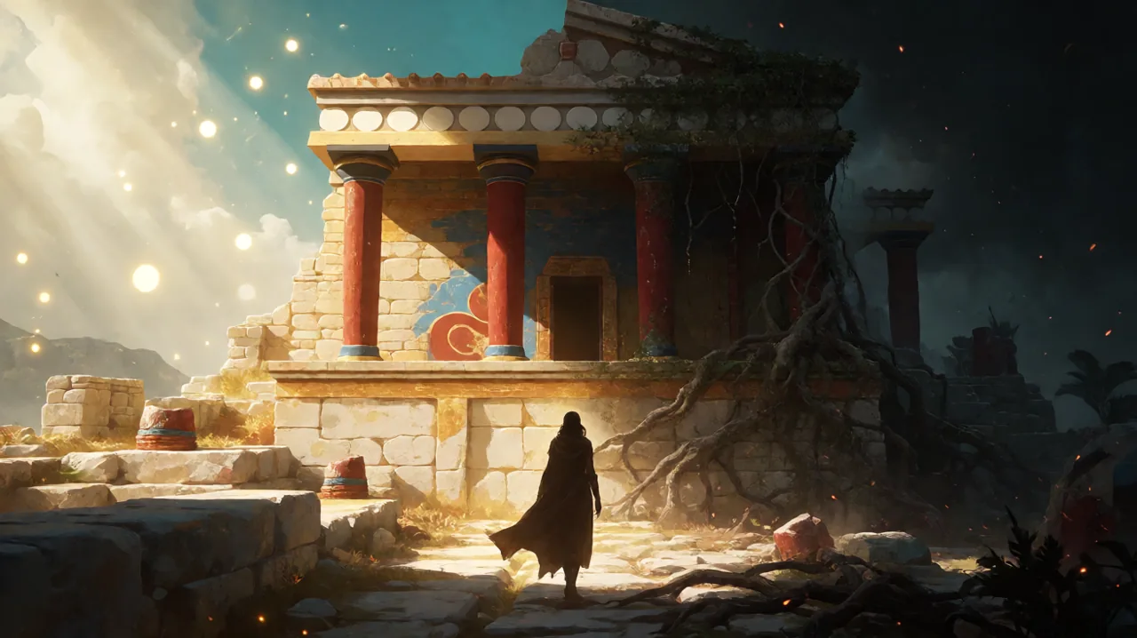 A split-composition view of an ancient Minoan ruin transitioning into a decayed medieval state, showcasing the heavy graphical demands of the dual-timeline mechanics.