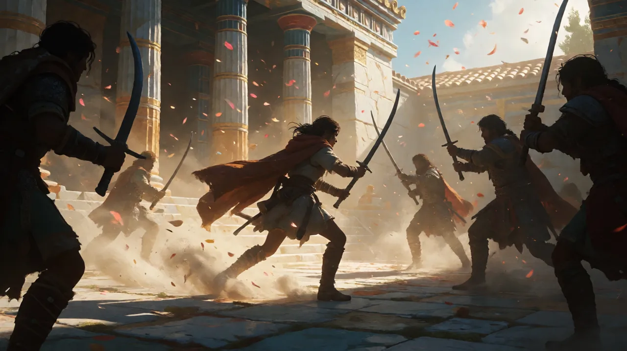 A dynamic silhouette of a cloaked female adventurer in a sunlit Minoan marble courtyard engaged in a tense melee standoff, reflecting the combat focus.