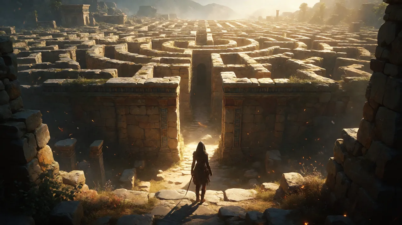 A hooded young female infiltrator silhouette standing before an ancient Minoan labyrinth entrance, contemplating the mysteries of the island.