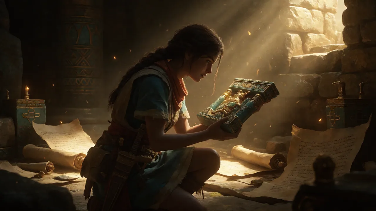 An original A Plague Tale style concept art featuring a half-body silhouette of a young female adventurer exploring an ancient, glowing Minoan ruin.