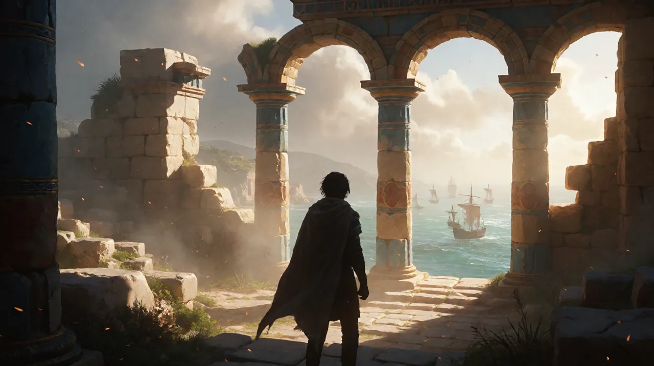 A cloaked traveler standing before sunlit ancient Minoan ruins overlooking the Mediterranean sea.